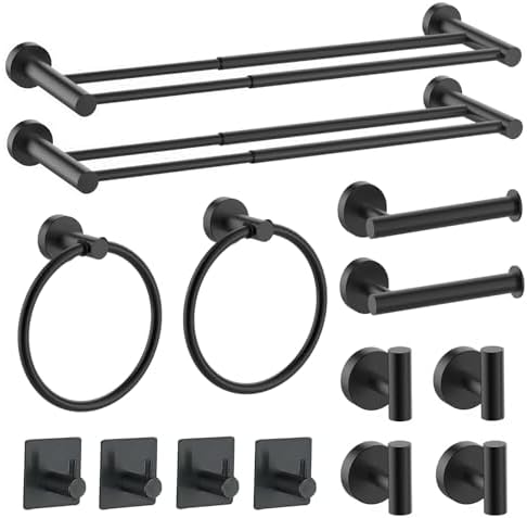 Acessórios de Banheiro |   Conjunto de Acessórios de Banheiro Matte Preto Ajustável com 14 Peças, Barra Dupla de Toalha Ajustável + Suporte para Papel Higiênico + Argola para Toalha + Gancho para Roupa de Banho, Conjunto de Acessórios de Banheiro em Aço Inoxidável Sus304