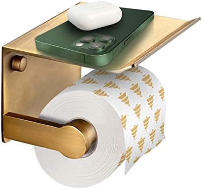 Acessórios de Banheiro |   Suporte para Papel Higiênico Dourado com Prateleira para Telefone, Suporte para Rolo de Papel Higiênico com Prateleira de Armazenamento, Montado na Parede para Banheiro (Latão Antigo)