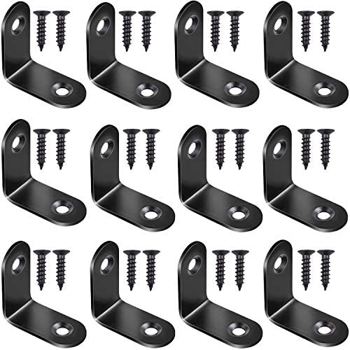 Braçadeiras e Suportes de Viga |   12Pcs Suporte em L Preto em Aço Inoxidável, Braçadeiras de Canto 3 x 3 mm, Suportes de Ângulo Reto de Alta Resistência, Conectores com 3 Parafusos para Móveis de Madeira, Prateleiras, Armários, Gavetas e Cadeiras.