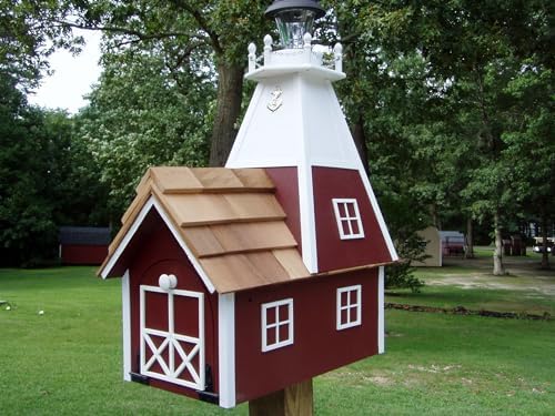 Caixas de correio e acessórios |   Caixa de Correio Rural Artesanal Amish com Farol Solar Vermelho e Branco