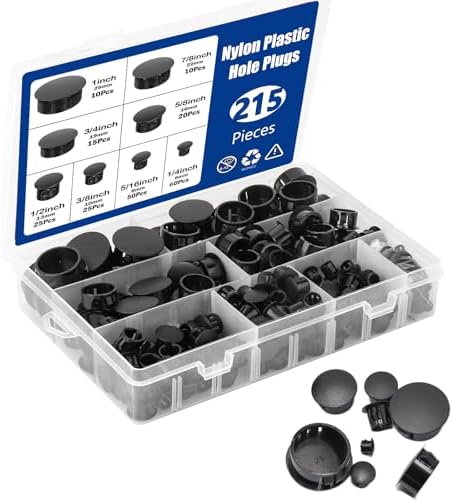 Conectores de Hardware |   Kit de 215 Peças de Tampas de Buraco de Plástico Nylon Preto – 8 Tamanhos: 1/4″, 5/16″, 3/8″, 1/2″, 5/8″, 3/4″, 7/8″, 1″ – Tampas Redondas para Buracos de Furadeira, Plugues de Plástico para Móveis, Inserções para Armários e Tampas de Extremidade.