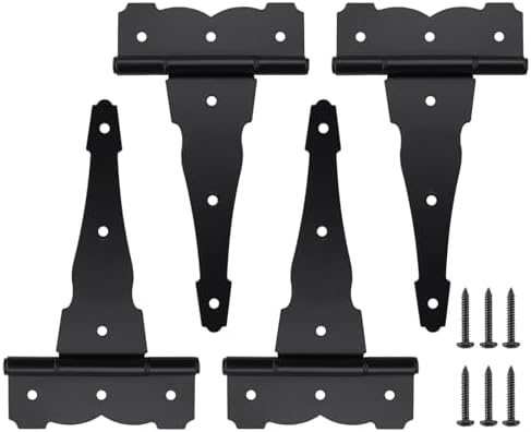 Ferragens para portões |   Dobradiça Decorativa T de 8 Polegadas em Ferro Preto Resistente à Ferrugem – Dobradiças para Armazéns, Portões e Celeiros com Parafusos (Pacote com 4) – Home Master Hardware