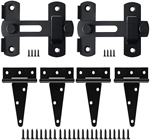 Ferragens para portões |   Kit de Ferragens para Trava de Portão de Celeiro com Dobradiça em T, 2 Pacotes de Trava Flip de Celeiro e 4 Pacotes de Dobradiças de Portão em T de 4 Polegadas, Acabamento Preto para Portão de Madeira ou Vinil, Portão de Shed, Fazenda, Jardim, Portão, Porta de Closet.