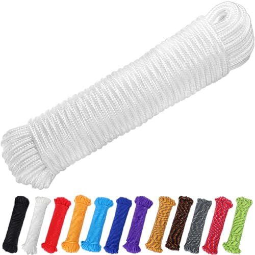 Lonas e Cintas de Amarração |   90 Ft 1/4 Polegada (7Mm) Corda de Nylon Poliéster para Bandeira, Corda de Polipropileno para Varal, Utilidade para Camping, Ideal para Amarrar, Puxar, Balançar, Escalar e Fazer Nós (Branca)