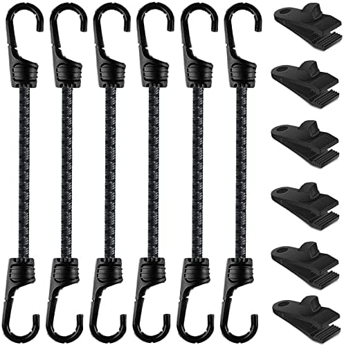 Lonas e Cintas de Amarração |   Cintas de Bungee Mini de 12 Polegadas com Ganchos Duplos – Pacote com 6 Cintas de Amarração Pesadas e 6 Clips para Lona – Cinta de Amarração de Alta Resistência para Fixação de Lonas, Móveis, Camping, Toldos, Caiaque, Bicicleta e Carga ao Ar Livre.