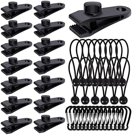 Lonas e Cintas de Amarração |   Conjunto de 45 Peças de Clips para Lona Pesados com Garras de Bloqueio, Clips de Carabina e Cordas Elásticas, Grampos para Lona, Fixadores para Lona Shark, Clips para Toldos, Clips para Tendas, Amarras para Lona para Toldos, Camping, Caravanas e Coberturas.