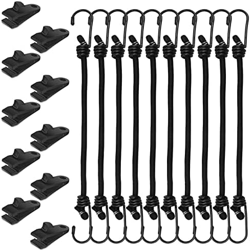 Lonas e Cintas de Amarração |   Corda Bungee com Ganchos – Pacote com 20 Unidades de 30 cm – Cordas Bungee Pesadas para Uso Externo com Clips para Lona, Faixas Bungee Pretas com Ganchos de Metal para Amarração de Bicicletas, Camping, Carga e Bagagens ao Ar Livre.