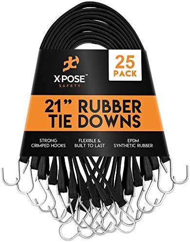 Lonas e Cintas de Amarração |   Corda Bungee de Borracha com Ganchos – Fita de Borracha Sintética EPDM Preta e Resistente para Amarração Externa, 21 Polegadas, Pacote com 25 Unidades (32″ de Extensão Máxima) para Coberturas de Lona, Toldos de Lona, Motocicletas, Carga