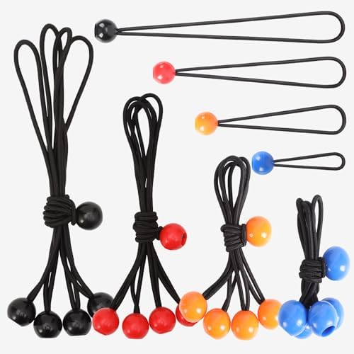 Lonas e Cintas de Amarração |   Pacote com 20 Cordas Bungee de Bola, Inclui 4″, 6″, 9″, 12″ – Resistentes e Versáteis, para Uso Interno e Externo, Amarras para Lona, Organize e Segure.