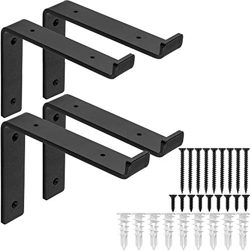 Suportes e Braços para Prateleiras |   Suportes de Prateleira Premium de Alta Resistência – Espessura de Um Quarto de Polegada (1/4″) – Acabamento em Ferro Preto Estilo Rústico Industrial Moderno para Prateleiras Abertas com Ferragens, Pacote com 4 (Suporte em L com Borda, 7,25″ X 6″)