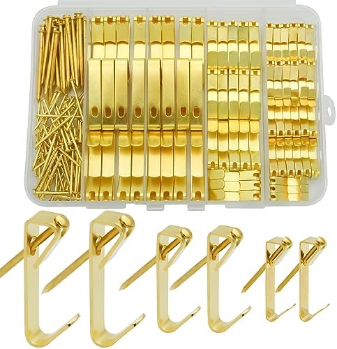 Ferragens para Pendurar Quadros |   2 Peças de Suportes para Quadros, Kit de Pendurar Quadros em 3 Tamanhos Incluindo Ganchos para Quadros de 1Lb/3Lb/5Lb, Ganchos Pesados para Quadros com Pregos para Drywall e Paredes de Madeira (Dourado)